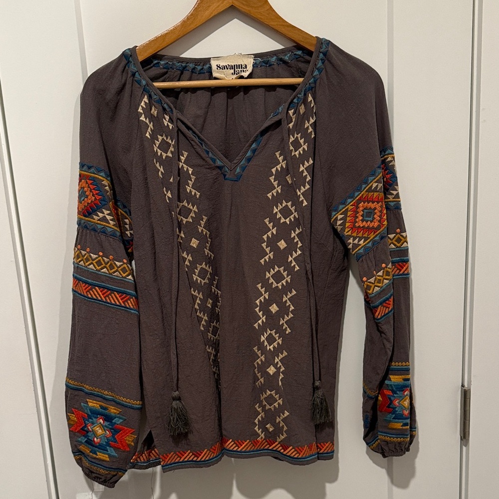Savannah Jane Women's Embroidered Tribal Print Blouse